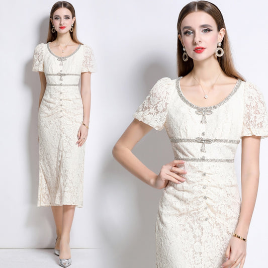CM-DY048383 Women Elegant European Style Lace Round Neck Short Sleeve Bow Decor Mermaid Slim Dress - Beige