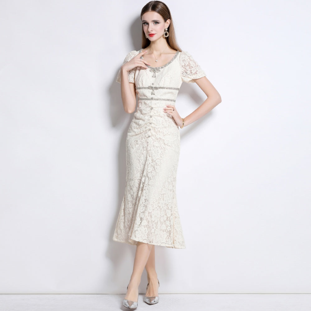 CM-DY048383 Women Elegant European Style Lace Round Neck Short Sleeve Bow Decor Mermaid Slim Dress - Beige