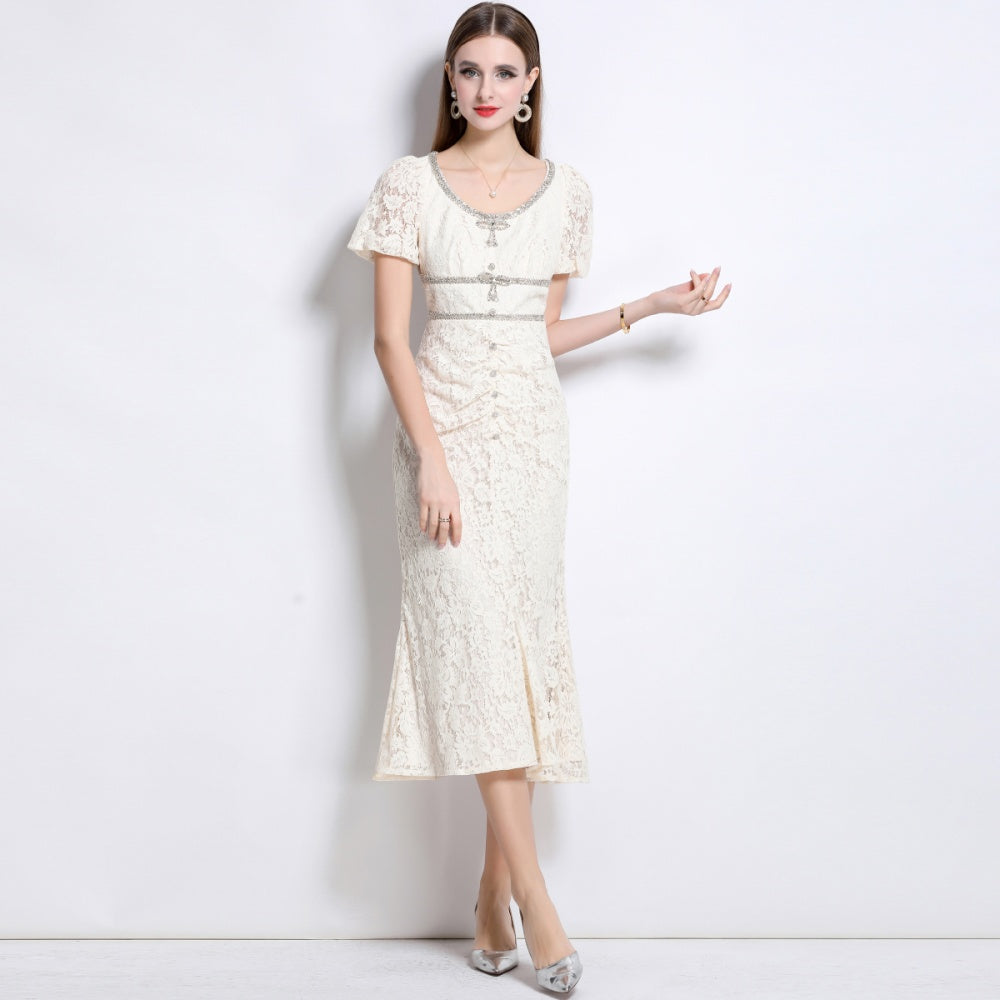 CM-DY048383 Women Elegant European Style Lace Round Neck Short Sleeve Bow Decor Mermaid Slim Dress - Beige