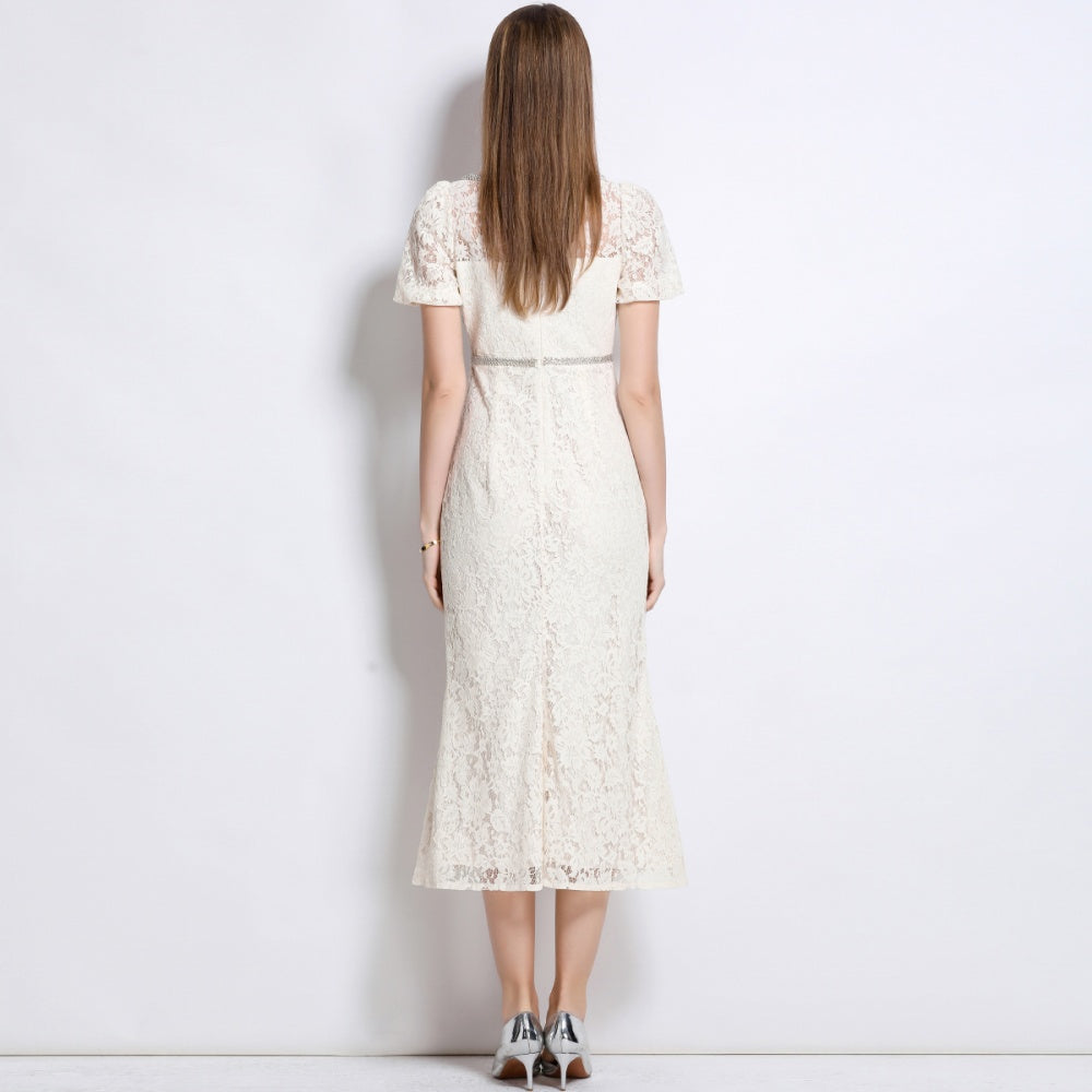 CM-DY048383 Women Elegant European Style Lace Round Neck Short Sleeve Bow Decor Mermaid Slim Dress - Beige