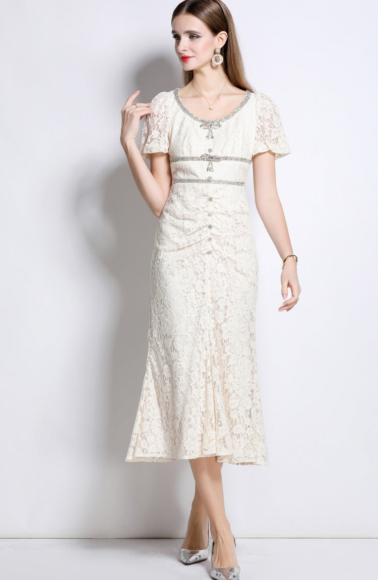 CM-DY048383 Women Elegant European Style Lace Round Neck Short Sleeve Bow Decor Mermaid Slim Dress - Beige