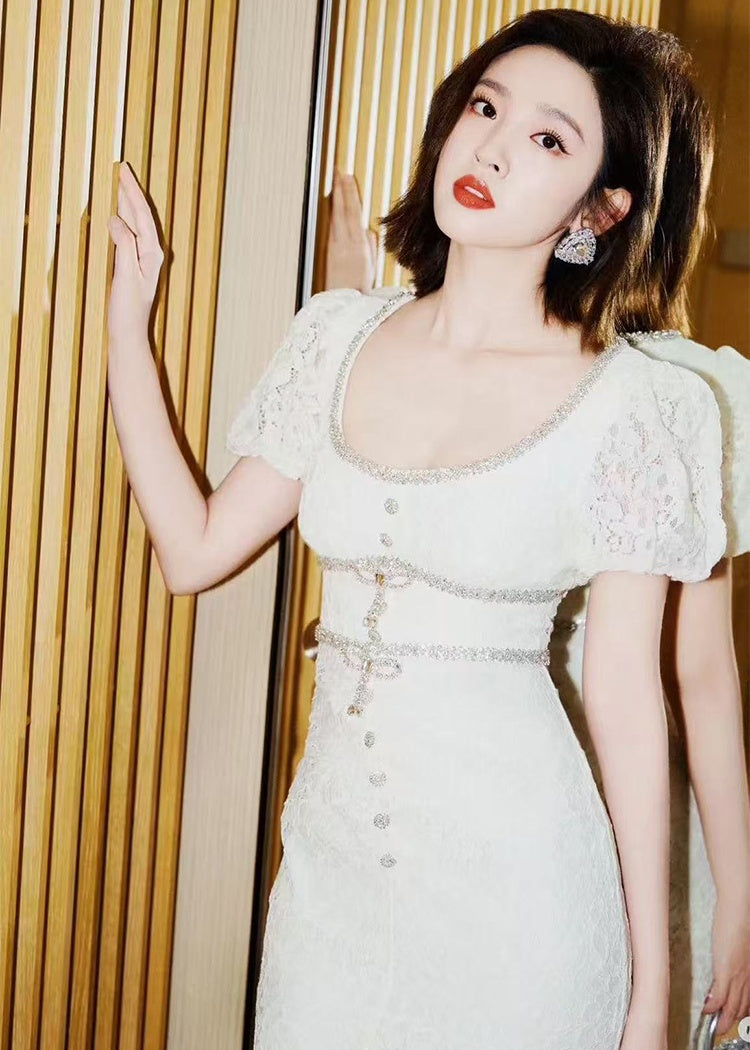 CM-DY048383 Women Elegant European Style Lace Round Neck Short Sleeve Bow Decor Mermaid Slim Dress - Beige