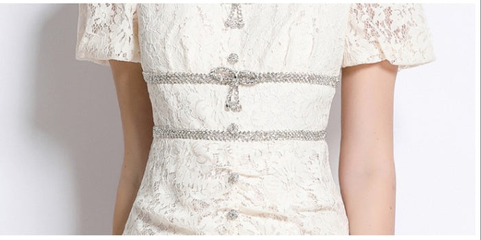 CM-DY048383 Women Elegant European Style Lace Round Neck Short Sleeve Bow Decor Mermaid Slim Dress - Beige