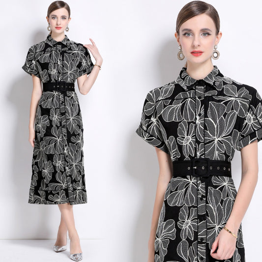 CM-DY048384 Women Retro European Style Lapel Neckline Short Sleeve Medium Wasit Mid-Length Dress - Black