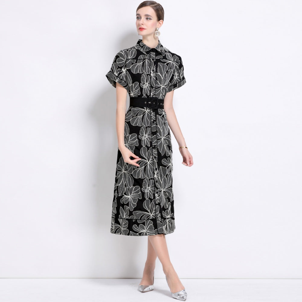 CM-DY048384 Women Retro European Style Lapel Neckline Short Sleeve Medium Wasit Mid-Length Dress - Black