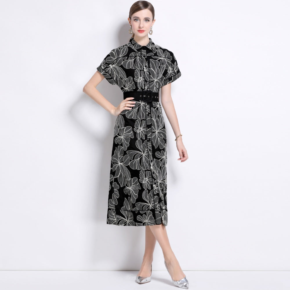 CM-DY048384 Women Retro European Style Lapel Neckline Short Sleeve Medium Wasit Mid-Length Dress - Black