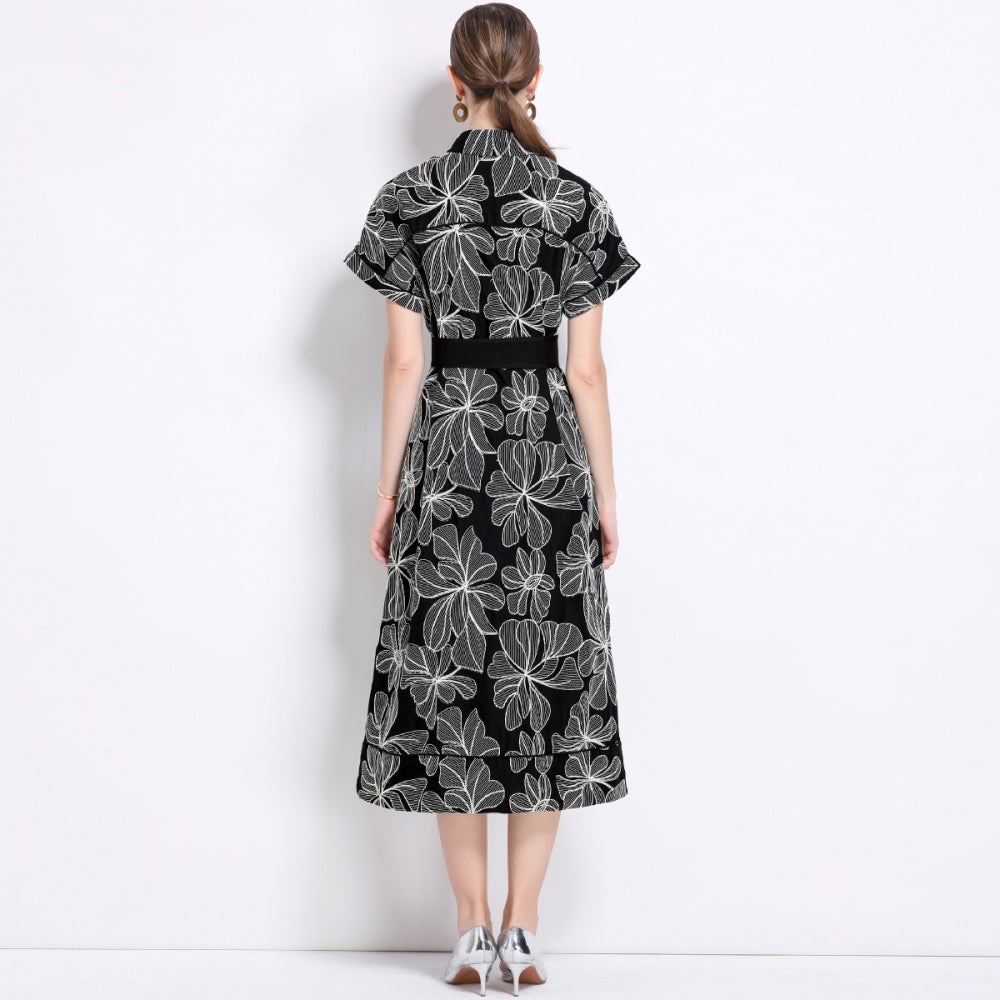 CM-DY048384 Women Retro European Style Lapel Neckline Short Sleeve Medium Wasit Mid-Length Dress - Black