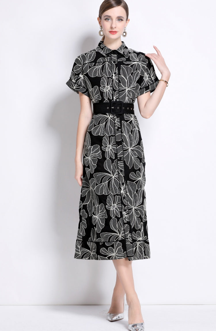 CM-DY048384 Women Retro European Style Lapel Neckline Short Sleeve Medium Wasit Mid-Length Dress - Black