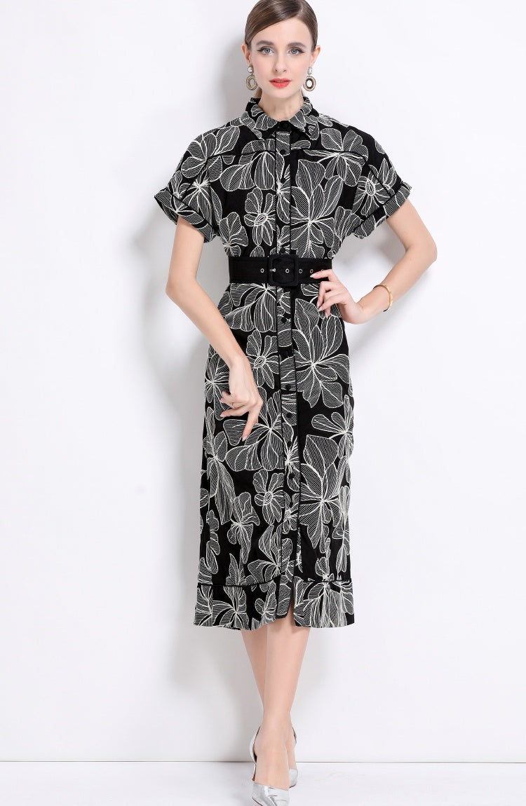 CM-DY048384 Women Retro European Style Lapel Neckline Short Sleeve Medium Wasit Mid-Length Dress - Black