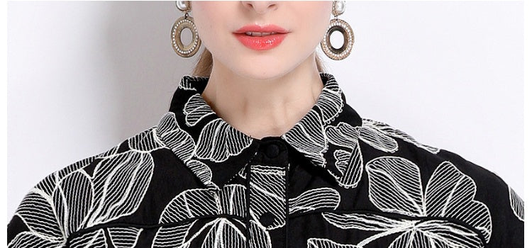 CM-DY048384 Women Retro European Style Lapel Neckline Short Sleeve Medium Wasit Mid-Length Dress - Black