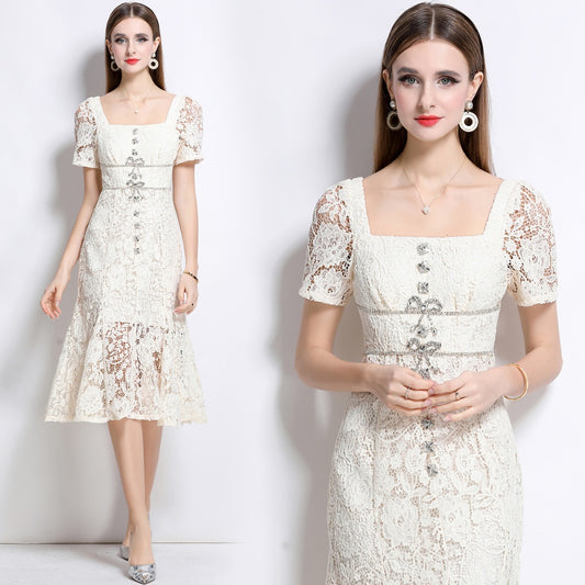 CM-DY048385 Women Elegant European Style Lace Square Neck Bow Decor Short Sleeve Mermaid Slim Midi Dress - Beige