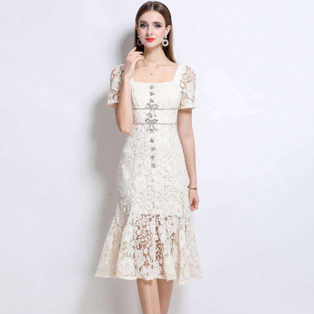 CM-DY048385 Women Elegant European Style Lace Square Neck Bow Decor Short Sleeve Mermaid Slim Midi Dress - Beige