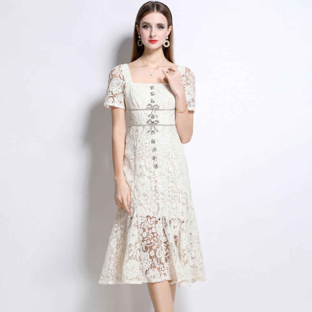 CM-DY048385 Women Elegant European Style Lace Square Neck Bow Decor Short Sleeve Mermaid Slim Midi Dress - Beige
