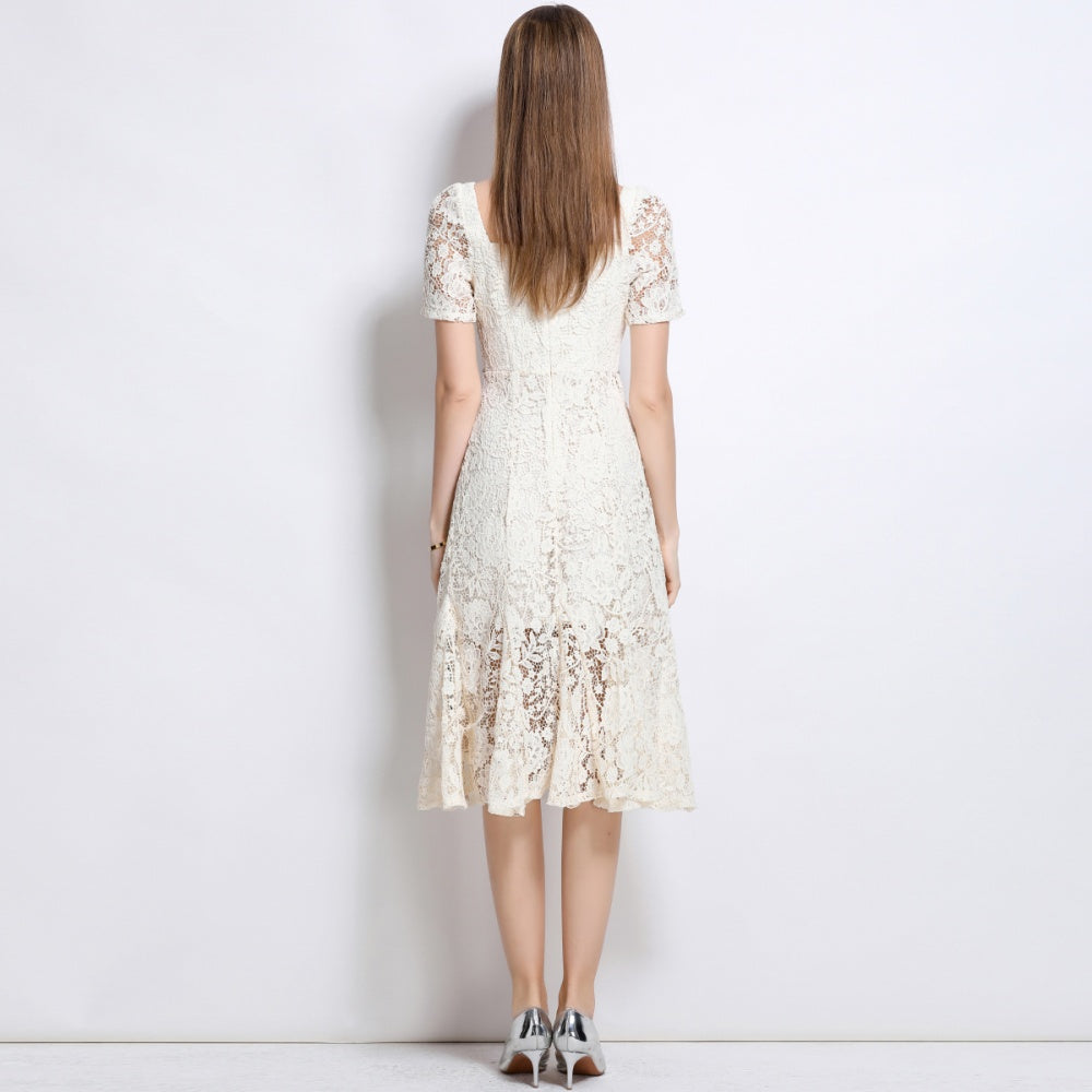 CM-DY048385 Women Elegant European Style Lace Square Neck Bow Decor Short Sleeve Mermaid Slim Midi Dress - Beige