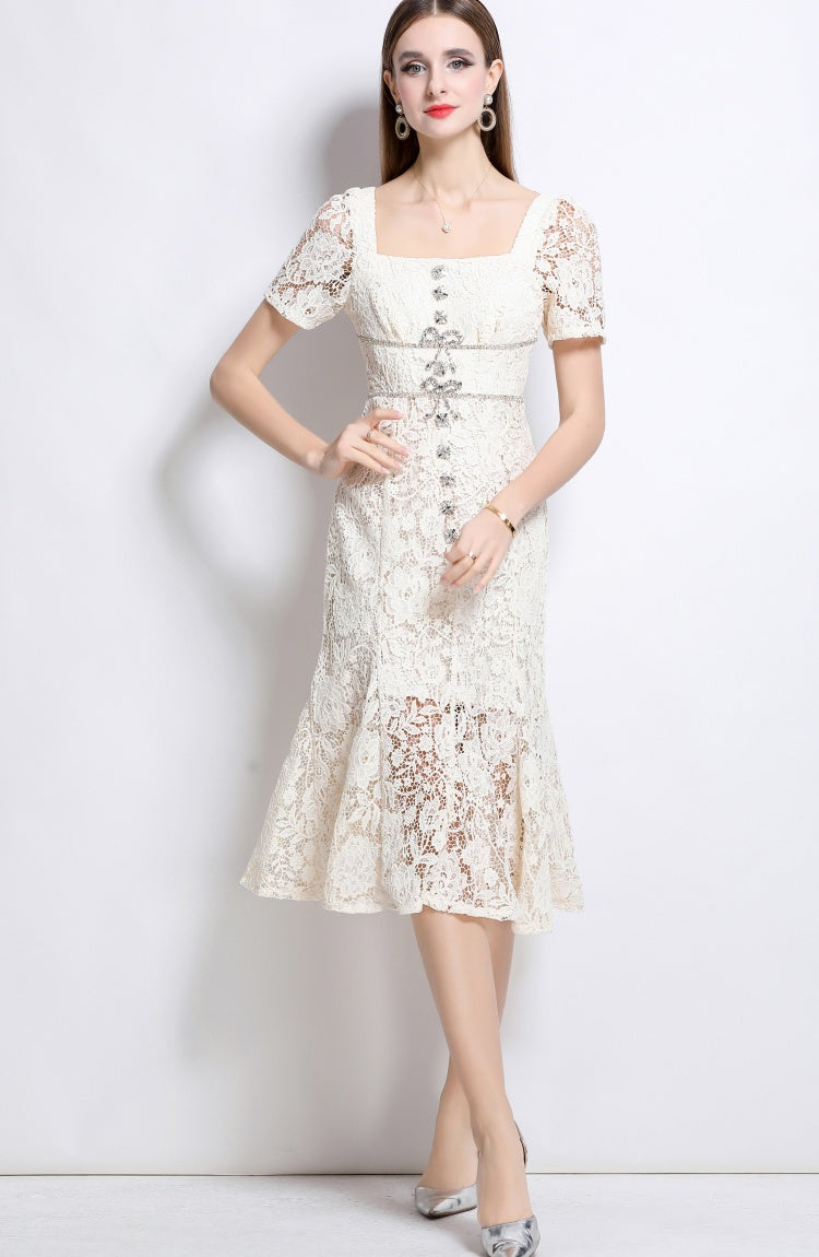 CM-DY048385 Women Elegant European Style Lace Square Neck Bow Decor Short Sleeve Mermaid Slim Midi Dress - Beige