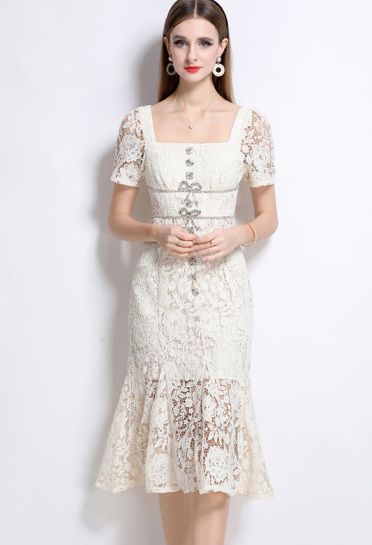 CM-DY048385 Women Elegant European Style Lace Square Neck Bow Decor Short Sleeve Mermaid Slim Midi Dress - Beige