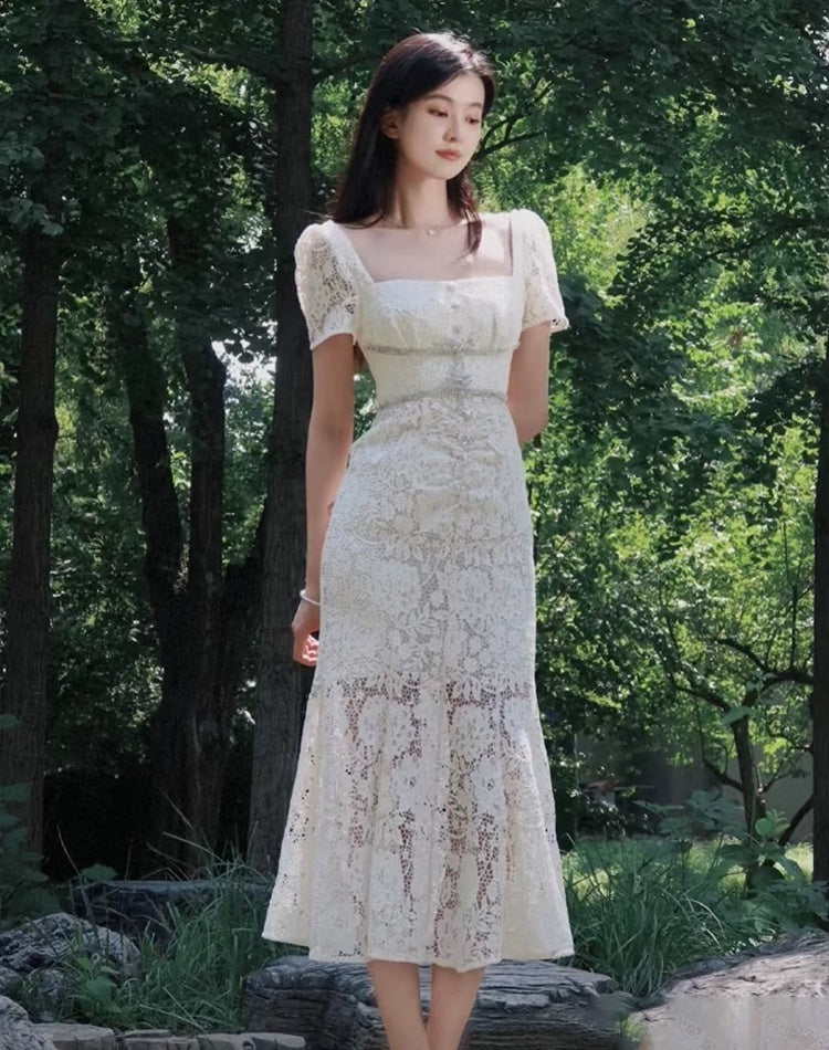 CM-DY048385 Women Elegant European Style Lace Square Neck Bow Decor Short Sleeve Mermaid Slim Midi Dress - Beige