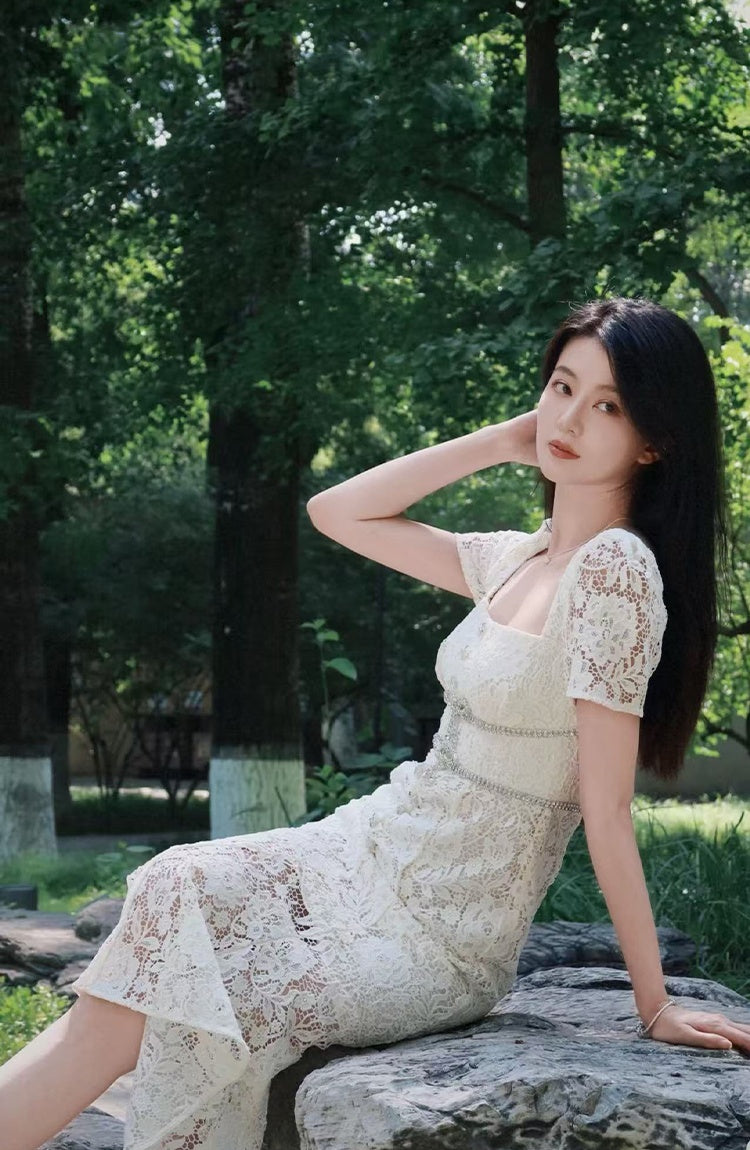 CM-DY048385 Women Elegant European Style Lace Square Neck Bow Decor Short Sleeve Mermaid Slim Midi Dress - Beige
