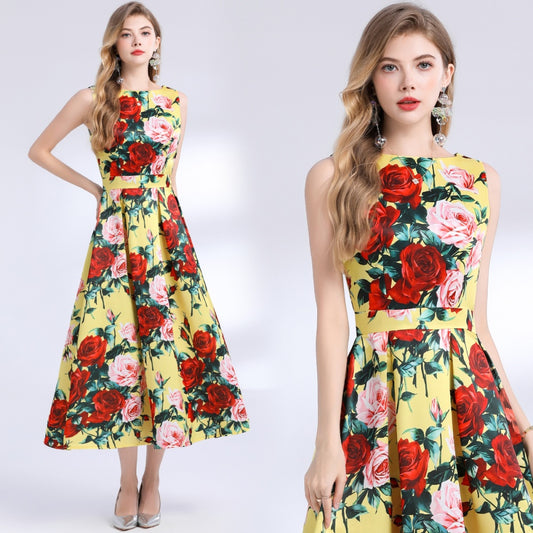 CM-DY048386 Women Elegant European Style Round Neck Sleeveless Pinched Waist Floral Print A-Line Dress