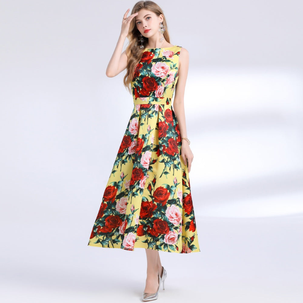 CM-DY048386 Women Elegant European Style Round Neck Sleeveless Pinched Waist Floral Print A-Line Dress
