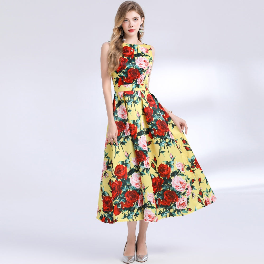 CM-DY048386 Women Elegant European Style Round Neck Sleeveless Pinched Waist Floral Print A-Line Dress