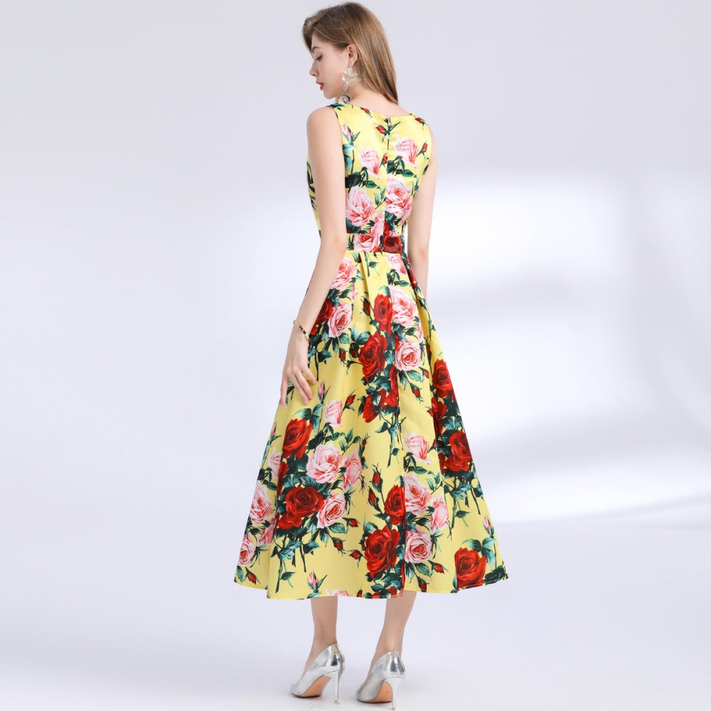 CM-DY048386 Women Elegant European Style Round Neck Sleeveless Pinched Waist Floral Print A-Line Dress