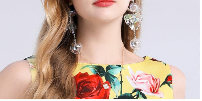 CM-DY048386 Women Elegant European Style Round Neck Sleeveless Pinched Waist Floral Print A-Line Dress