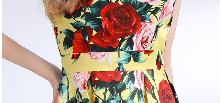 CM-DY048386 Women Elegant European Style Round Neck Sleeveless Pinched Waist Floral Print A-Line Dress