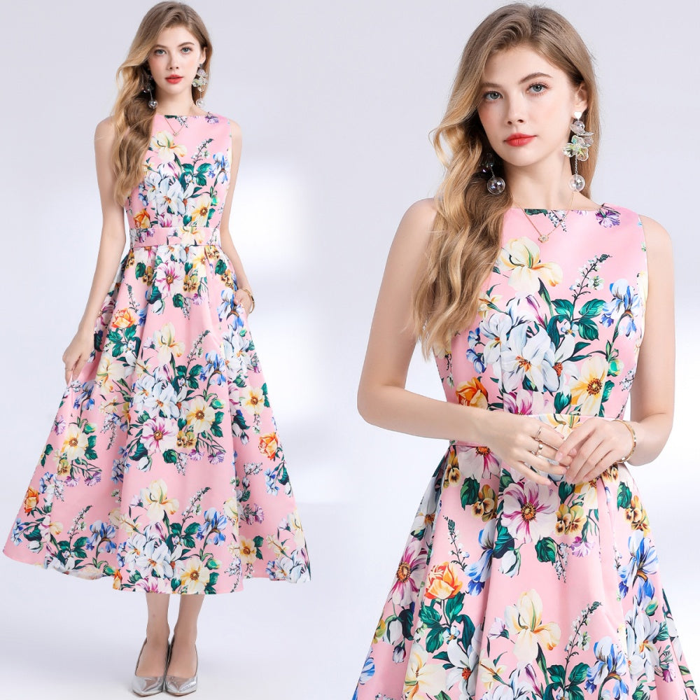 CM-DY048387 Women Elegant European Style Round Neck Sleeveless Pinched Waist Floral Print A-Line Dress