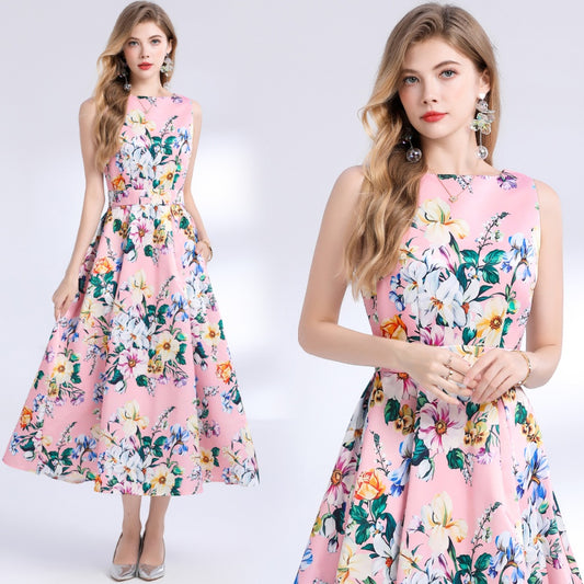 CM-DY048387 Women Elegant European Style Round Neck Sleeveless Pinched Waist Floral Print A-Line Dress