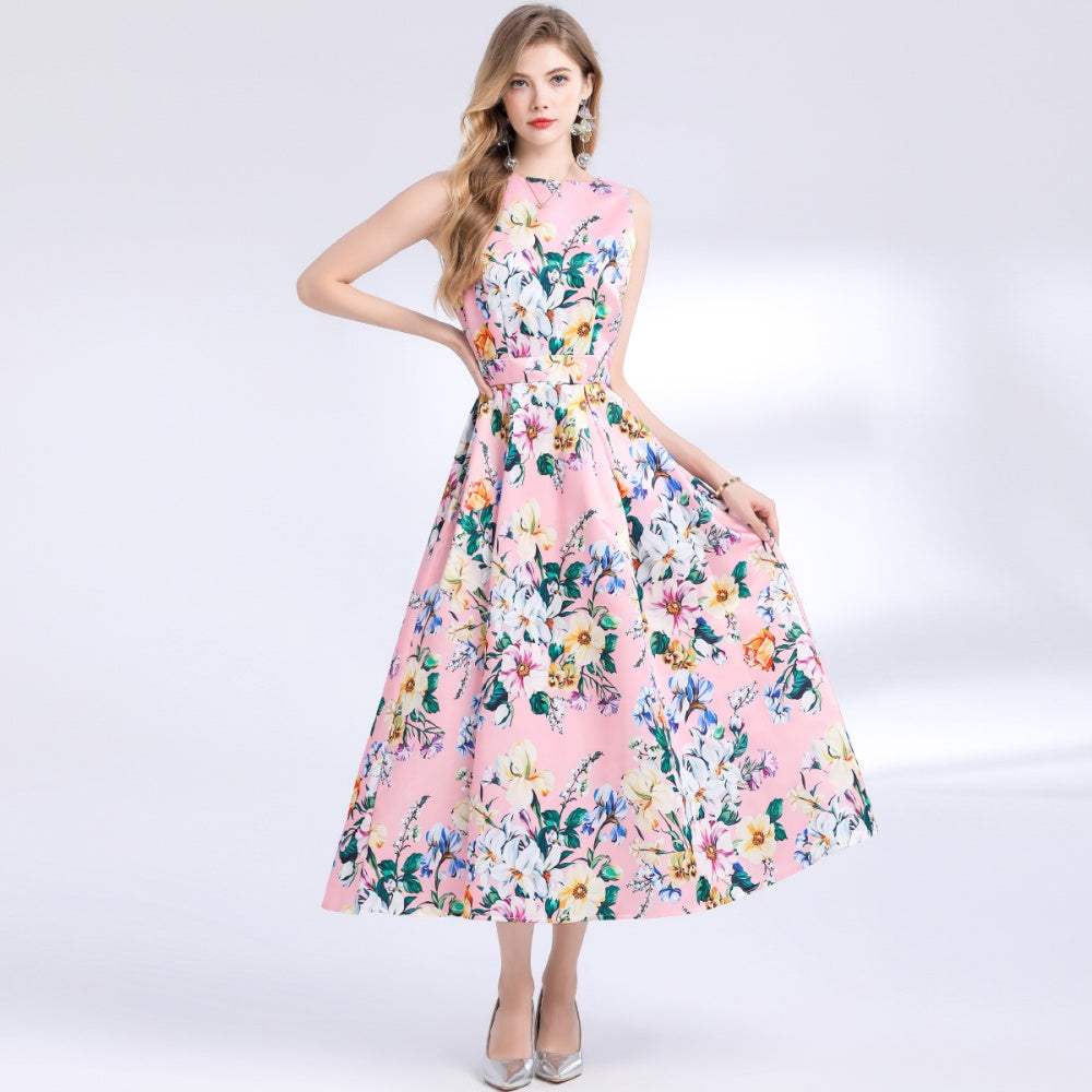 CM-DY048387 Women Elegant European Style Round Neck Sleeveless Pinched Waist Floral Print A-Line Dress
