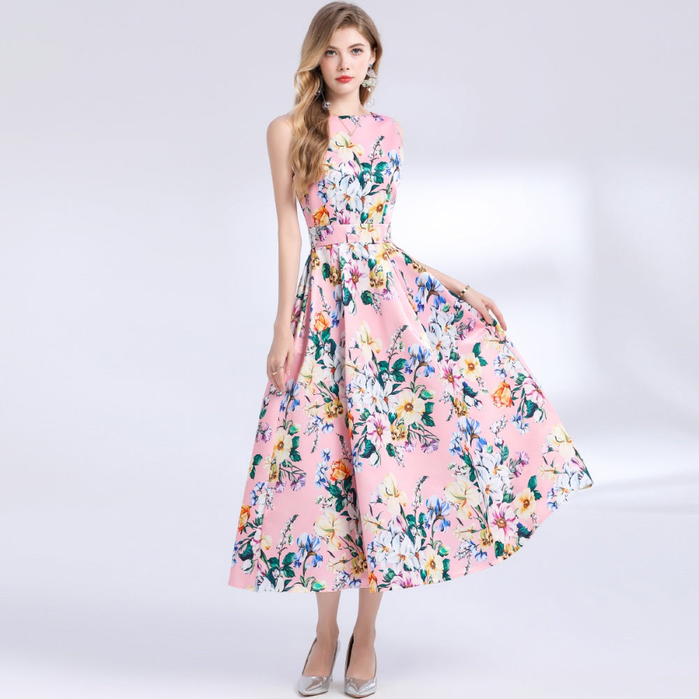 CM-DY048387 Women Elegant European Style Round Neck Sleeveless Pinched Waist Floral Print A-Line Dress