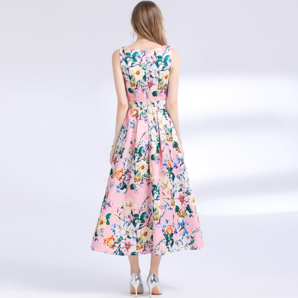 CM-DY048387 Women Elegant European Style Round Neck Sleeveless Pinched Waist Floral Print A-Line Dress
