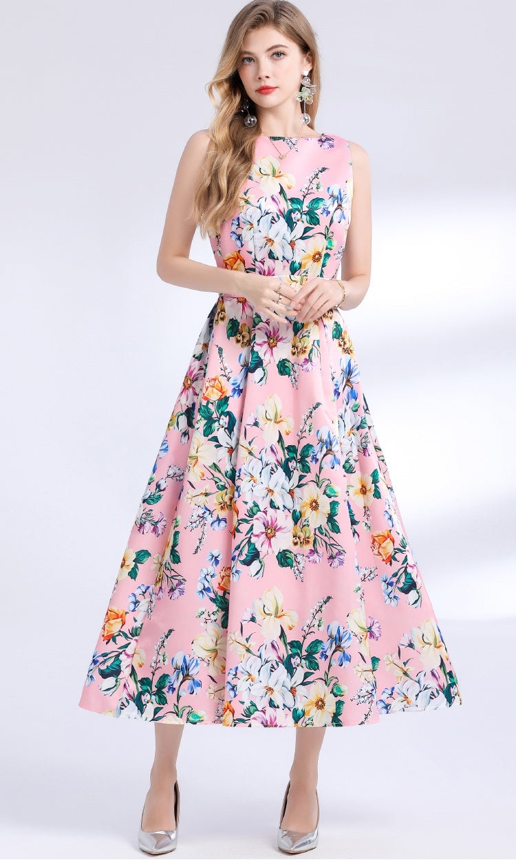 CM-DY048387 Women Elegant European Style Round Neck Sleeveless Pinched Waist Floral Print A-Line Dress