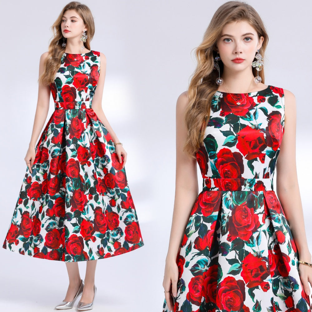 CM-DY048388 Women Elegant European Style Round Neck Sleeveless Pinched Waist Floral Print A-Line Dress
