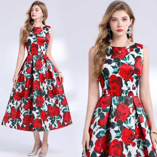 CM-DY048388 Women Elegant European Style Round Neck Sleeveless Pinched Waist Floral Print A-Line Dress