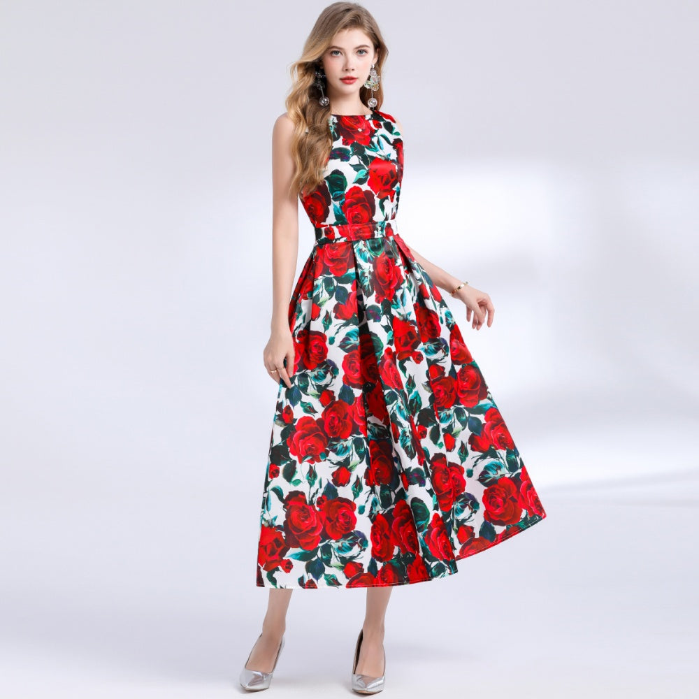 CM-DY048388 Women Elegant European Style Round Neck Sleeveless Pinched Waist Floral Print A-Line Dress