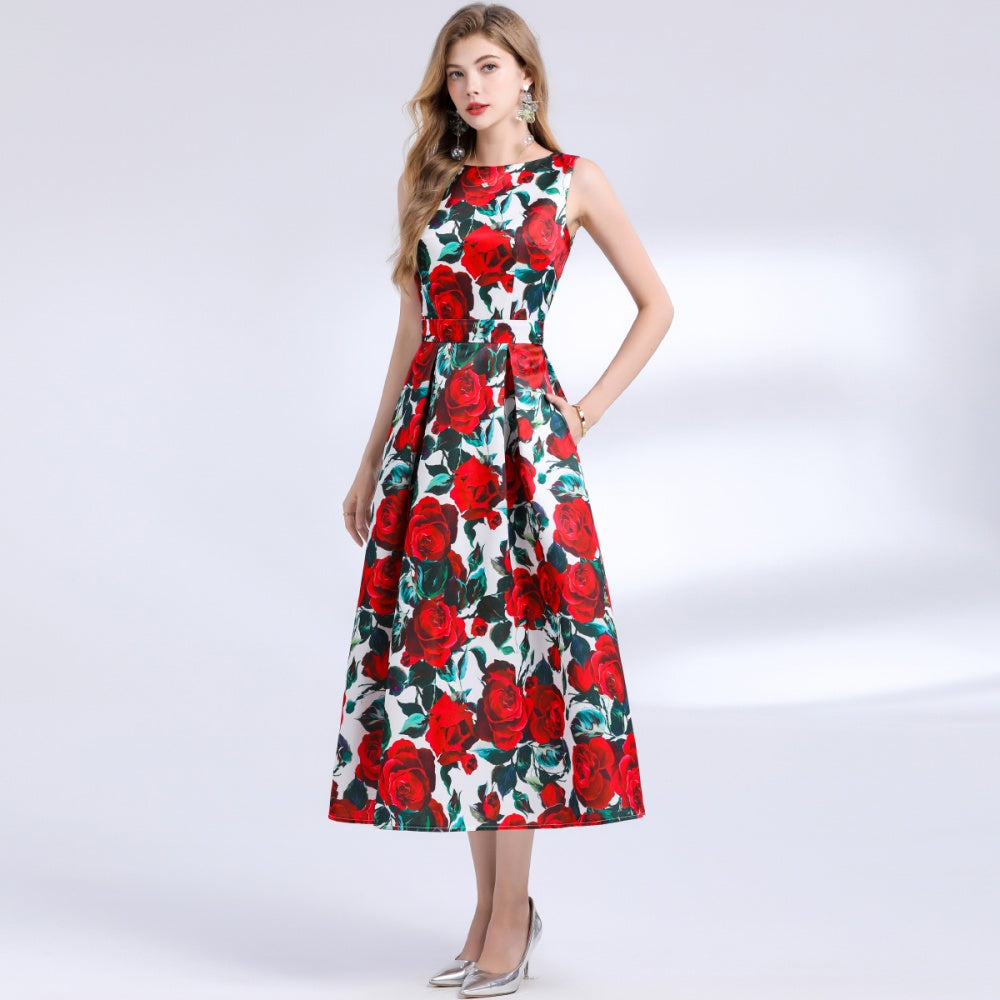 CM-DY048388 Women Elegant European Style Round Neck Sleeveless Pinched Waist Floral Print A-Line Dress