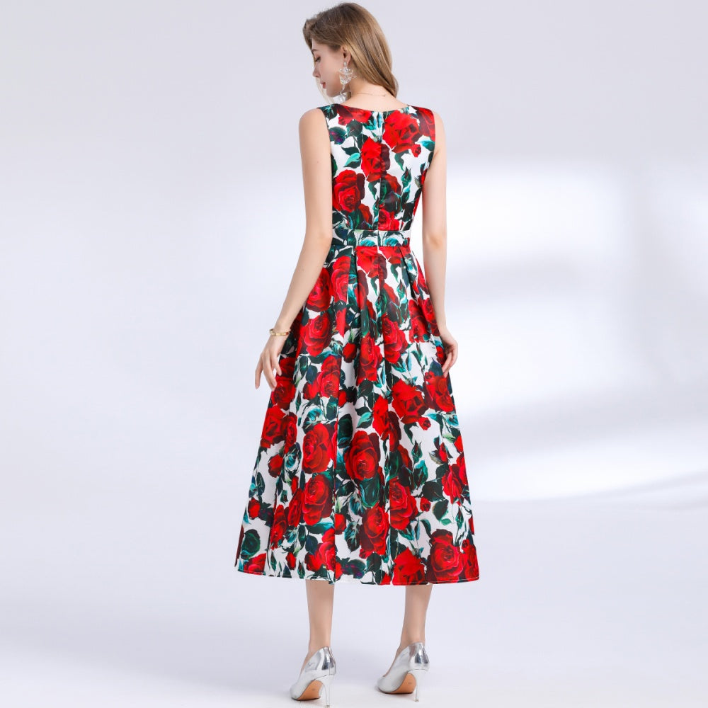 CM-DY048388 Women Elegant European Style Round Neck Sleeveless Pinched Waist Floral Print A-Line Dress