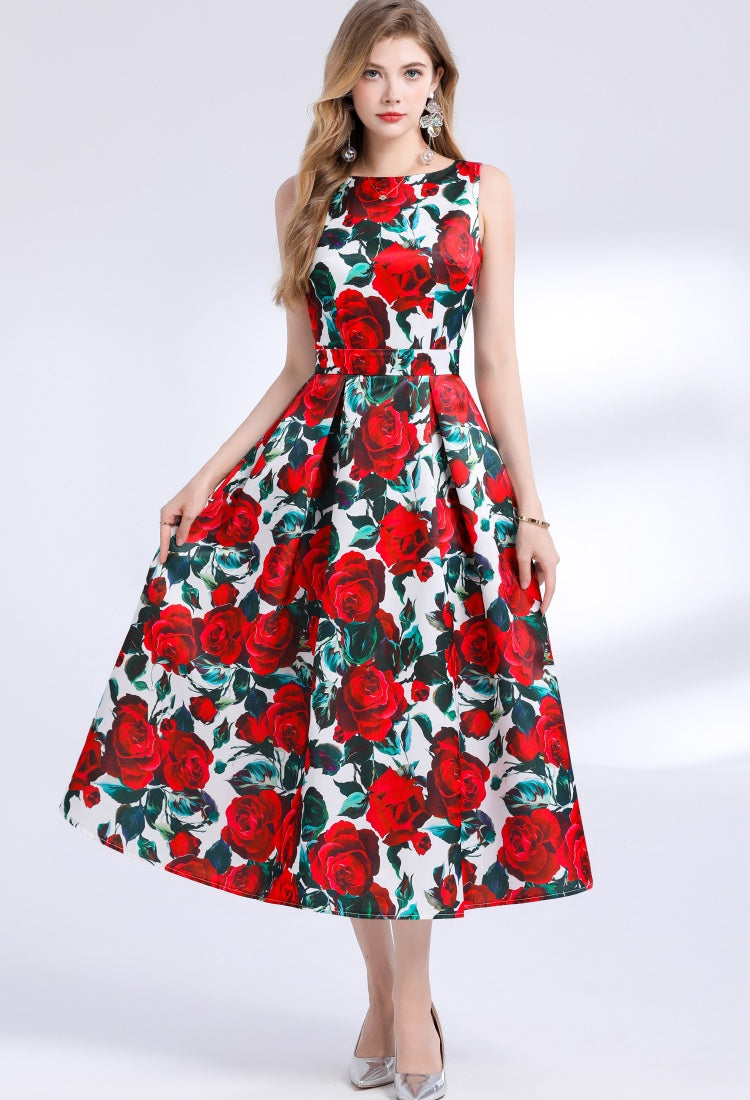 CM-DY048388 Women Elegant European Style Round Neck Sleeveless Pinched Waist Floral Print A-Line Dress