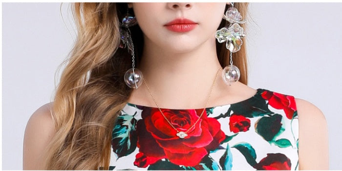 CM-DY048388 Women Elegant European Style Round Neck Sleeveless Pinched Waist Floral Print A-Line Dress