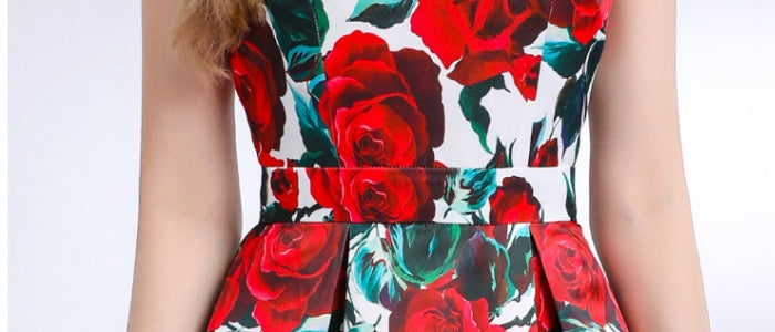 CM-DY048388 Women Elegant European Style Round Neck Sleeveless Pinched Waist Floral Print A-Line Dress
