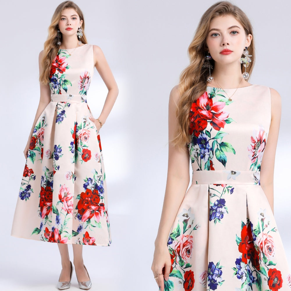 CM-DY048389 Women Elegant European Style Round Neck Sleeveless Pinched Waist Floral Print A-Line Dress