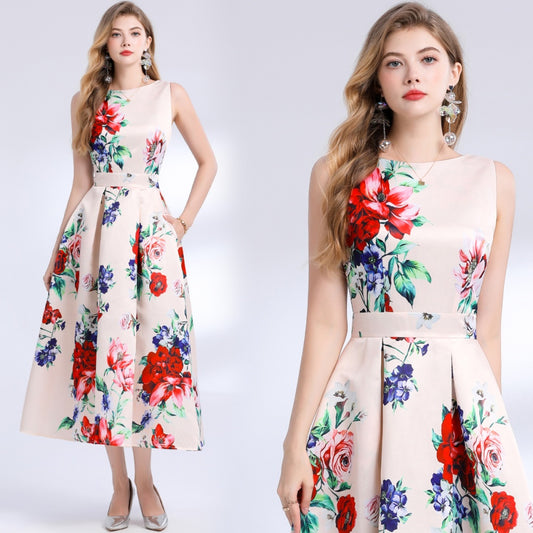 CM-DY048389 Women Elegant European Style Round Neck Sleeveless Pinched Waist Floral Print A-Line Dress