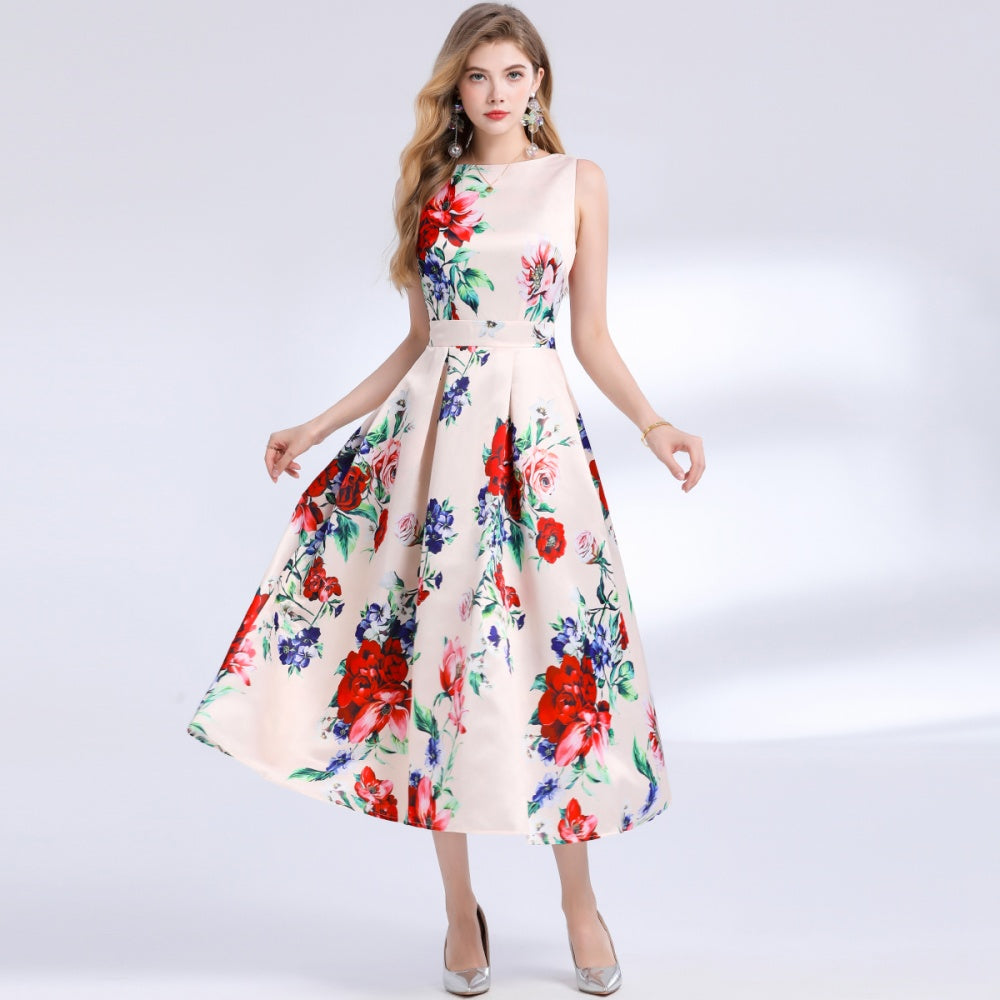CM-DY048389 Women Elegant European Style Round Neck Sleeveless Pinched Waist Floral Print A-Line Dress