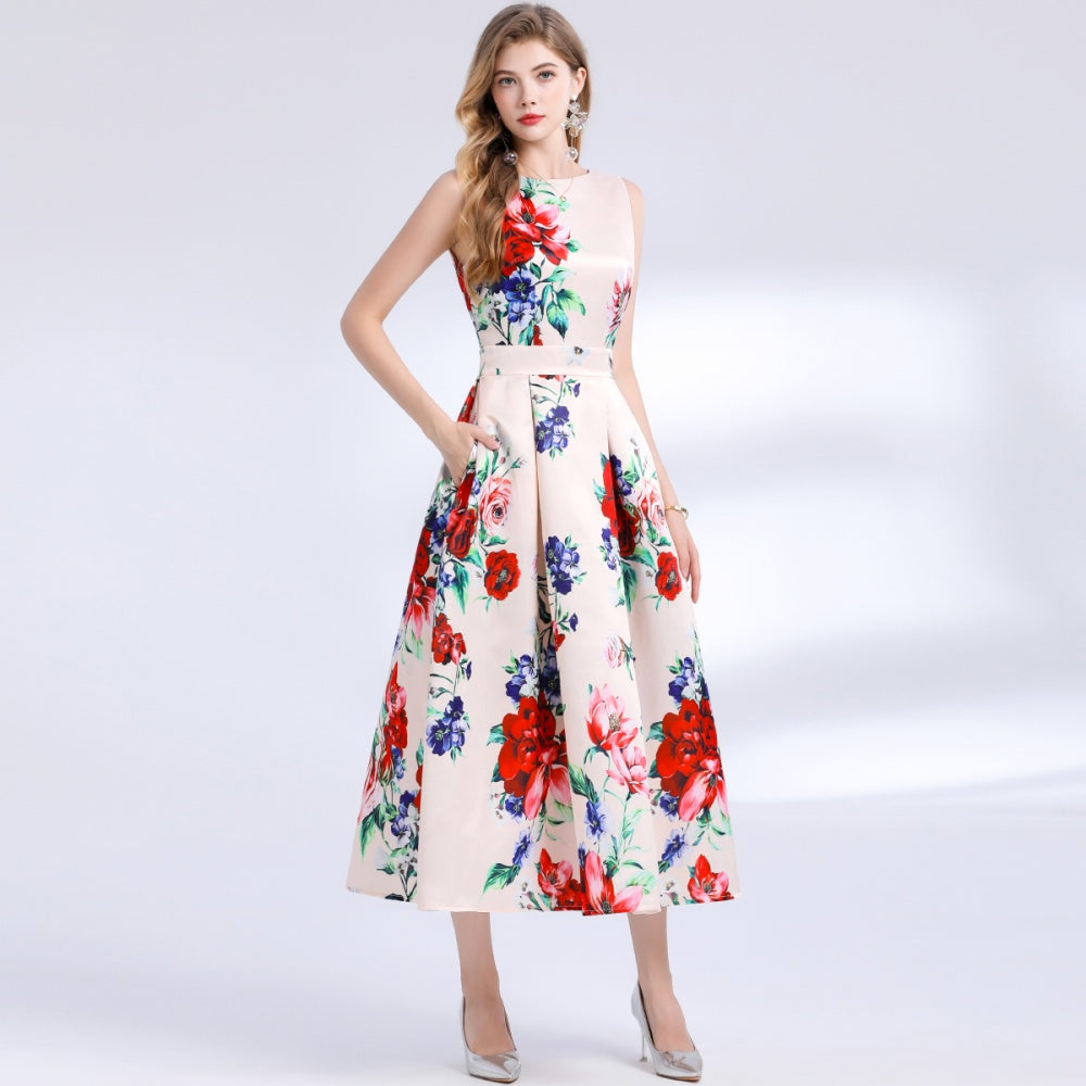 CM-DY048389 Women Elegant European Style Round Neck Sleeveless Pinched Waist Floral Print A-Line Dress