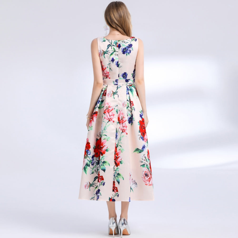 CM-DY048389 Women Elegant European Style Round Neck Sleeveless Pinched Waist Floral Print A-Line Dress