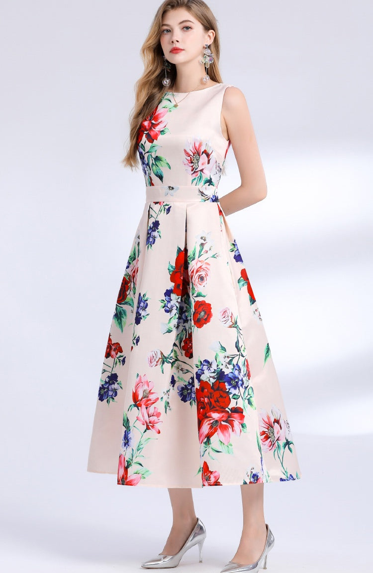 CM-DY048389 Women Elegant European Style Round Neck Sleeveless Pinched Waist Floral Print A-Line Dress