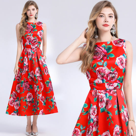 CM-DY048391 Women Elegant European Style Round Neck Sleeveless Pinched Waist Floral Print A-Line Dress