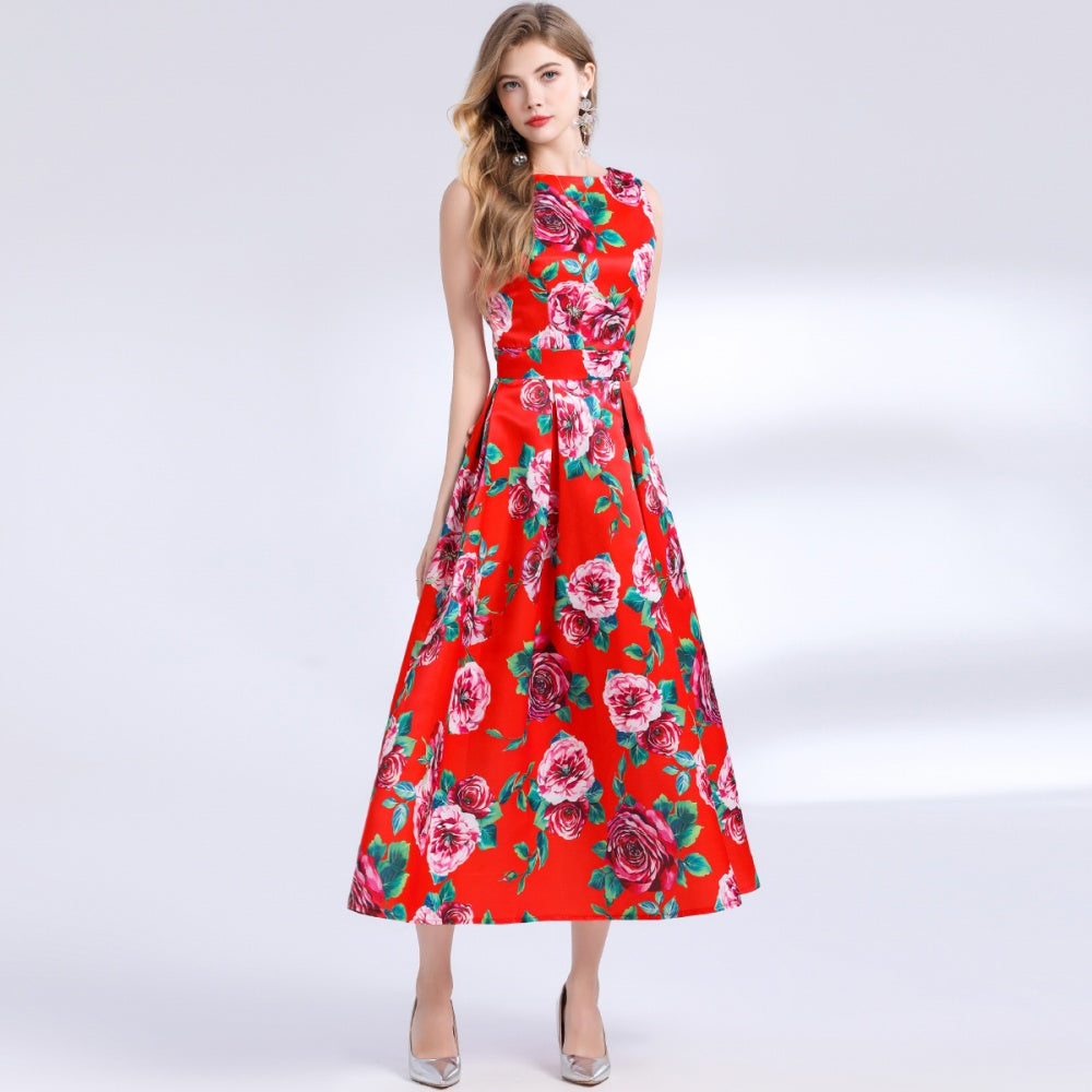 CM-DY048391 Women Elegant European Style Round Neck Sleeveless Pinched Waist Floral Print A-Line Dress